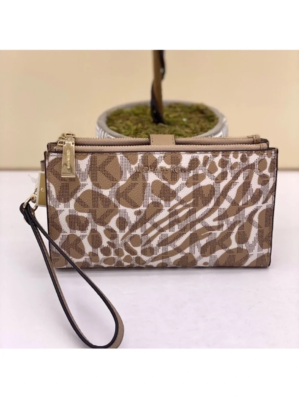 Michael Kors Animal Print Wristlet in Khaki and Cream with Gold Hardware